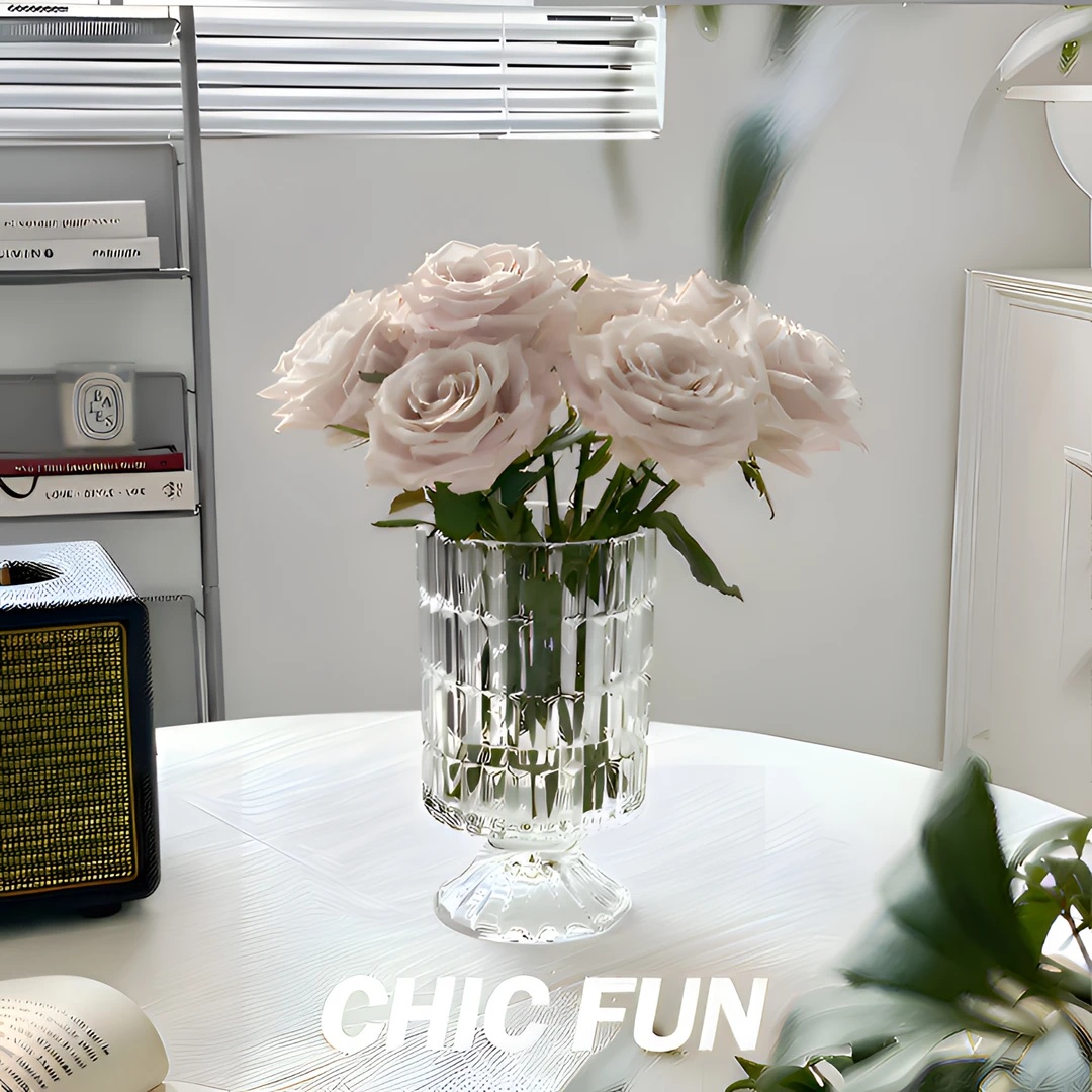 浮雕高脚透明玻璃花瓶水养鲜花插花家用客厅装饰摆件桌面