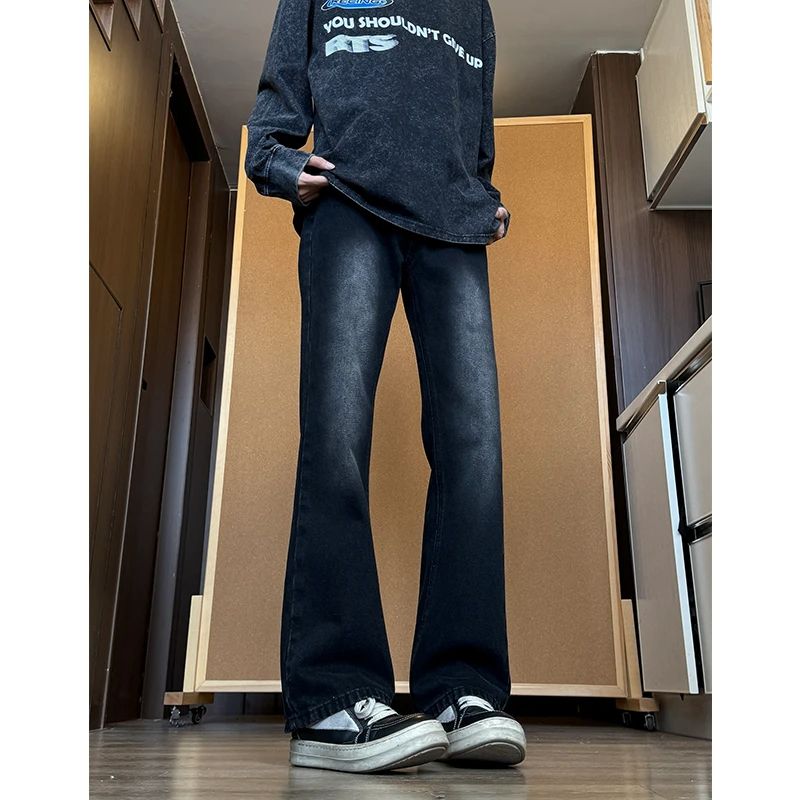 水洗复古黑微喇叭牛仔裤男款秋季高街美式vibe窄版cleanfit直筒裤
