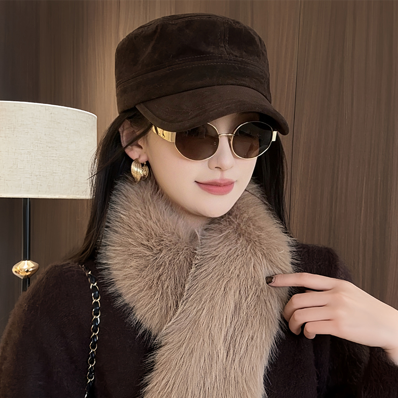 新款鹿皮绒平顶马术帽韩系高级感平顶贝雷帽大脸显脸小帽子