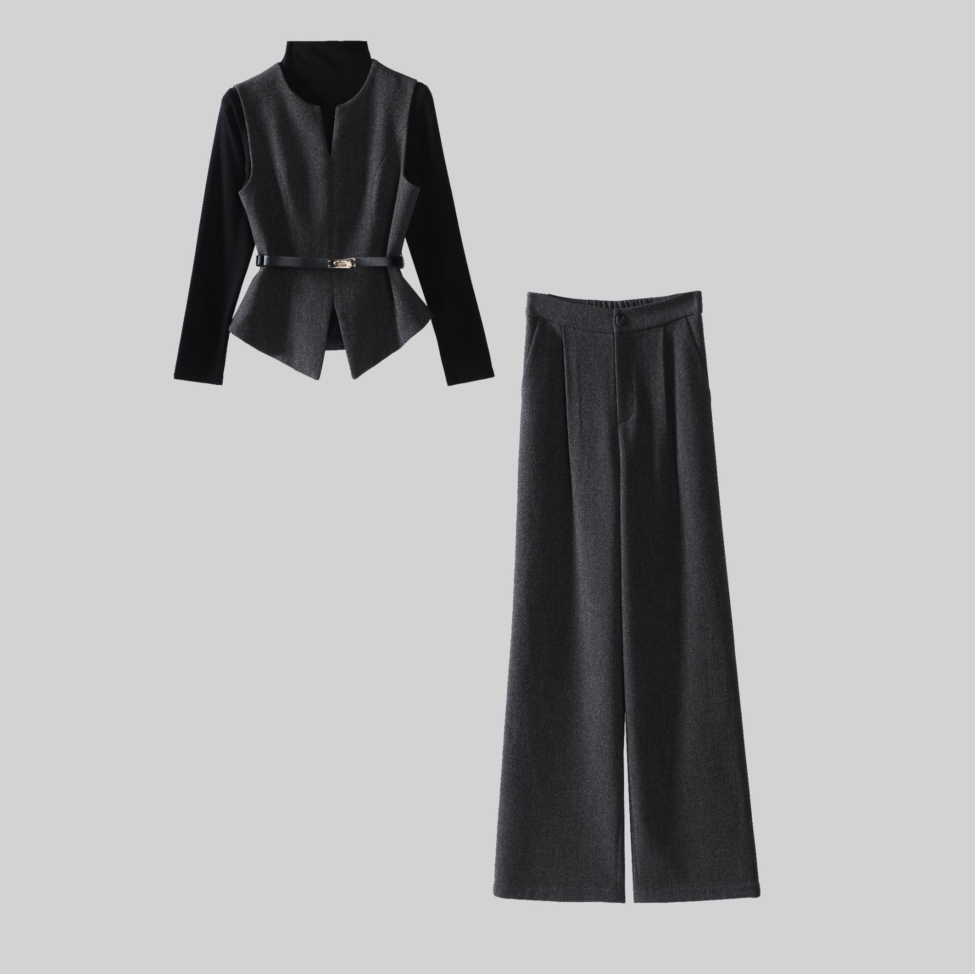 6621三件套装女秋冬新款洋气显瘦圆领马甲外套针织打底衫阔腿裤