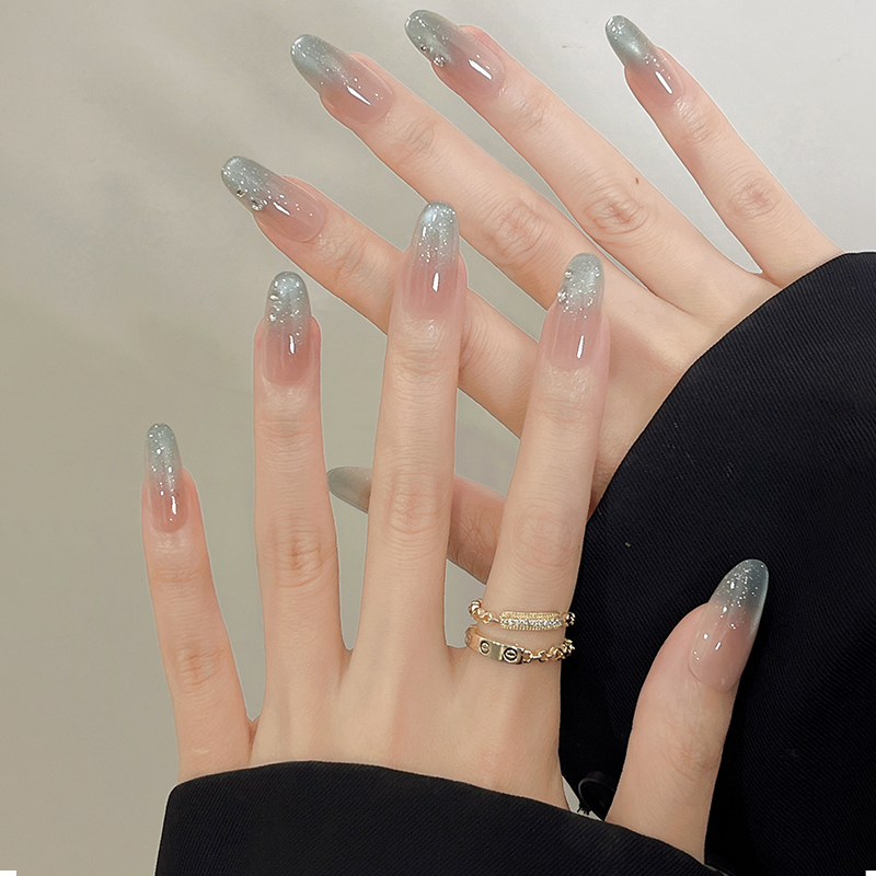 米哩米纯手工穿戴美甲新款蓝色碎钻中长款高颜值指甲贴片冰晶海盐