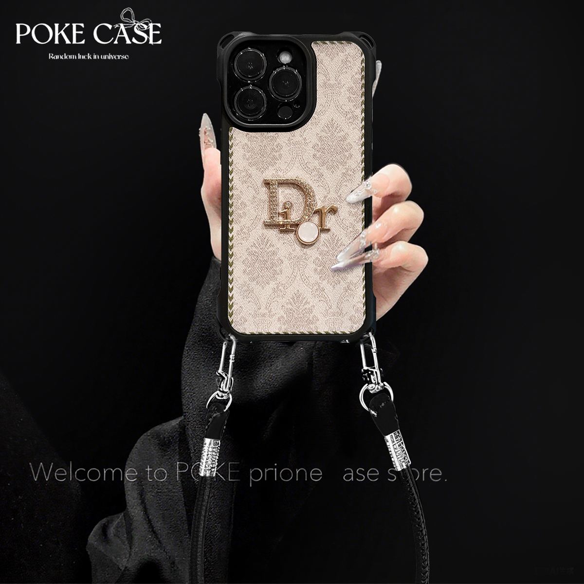 四角挂绳皮纹繁花D贴件适用华为红米苹果vivo小米oppo手绳壳防摔