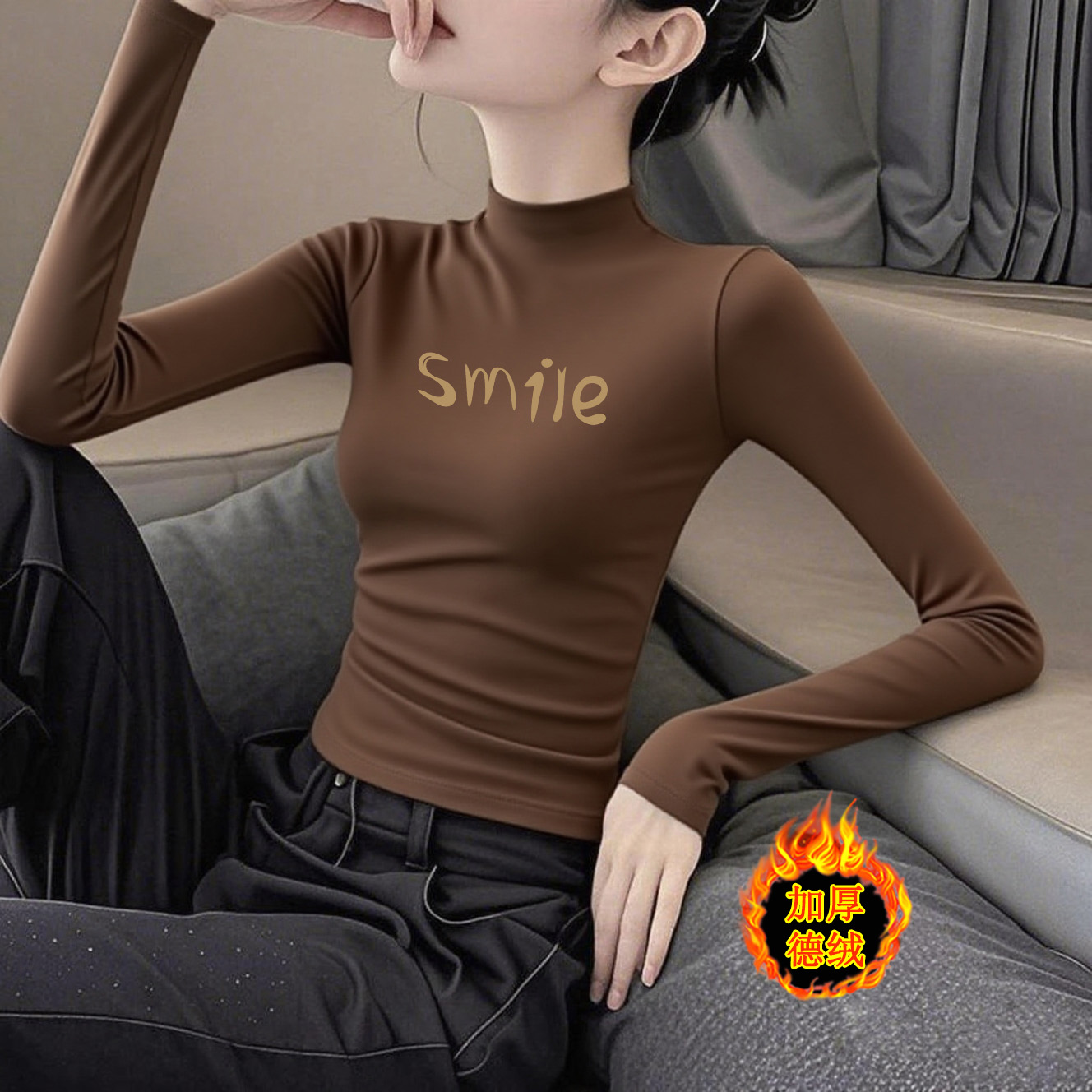 咖色德绒半高领打底衫女内搭秋冬新款显瘦加绒加厚修身印花上衣潮