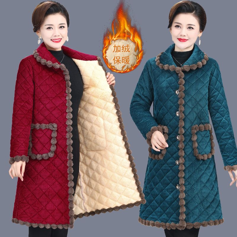 妈妈装冬季中长款加厚棉服气质女士加绒棉衣中老年大码棉袄女长款