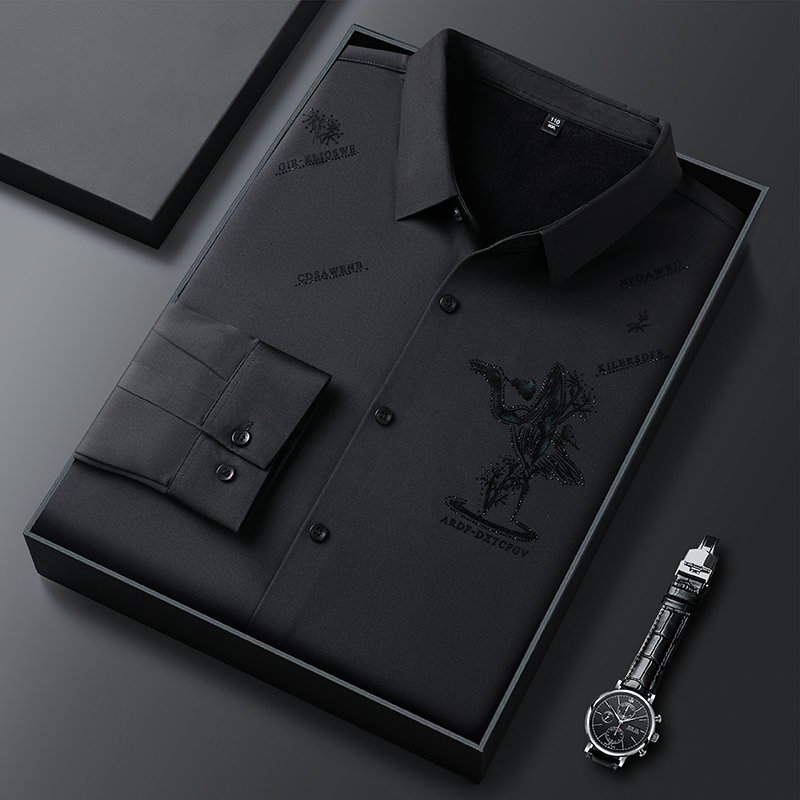 冬季加绒保暖商务休闲男士印花衬衣高档时尚休闲无痕长袖中年潮流