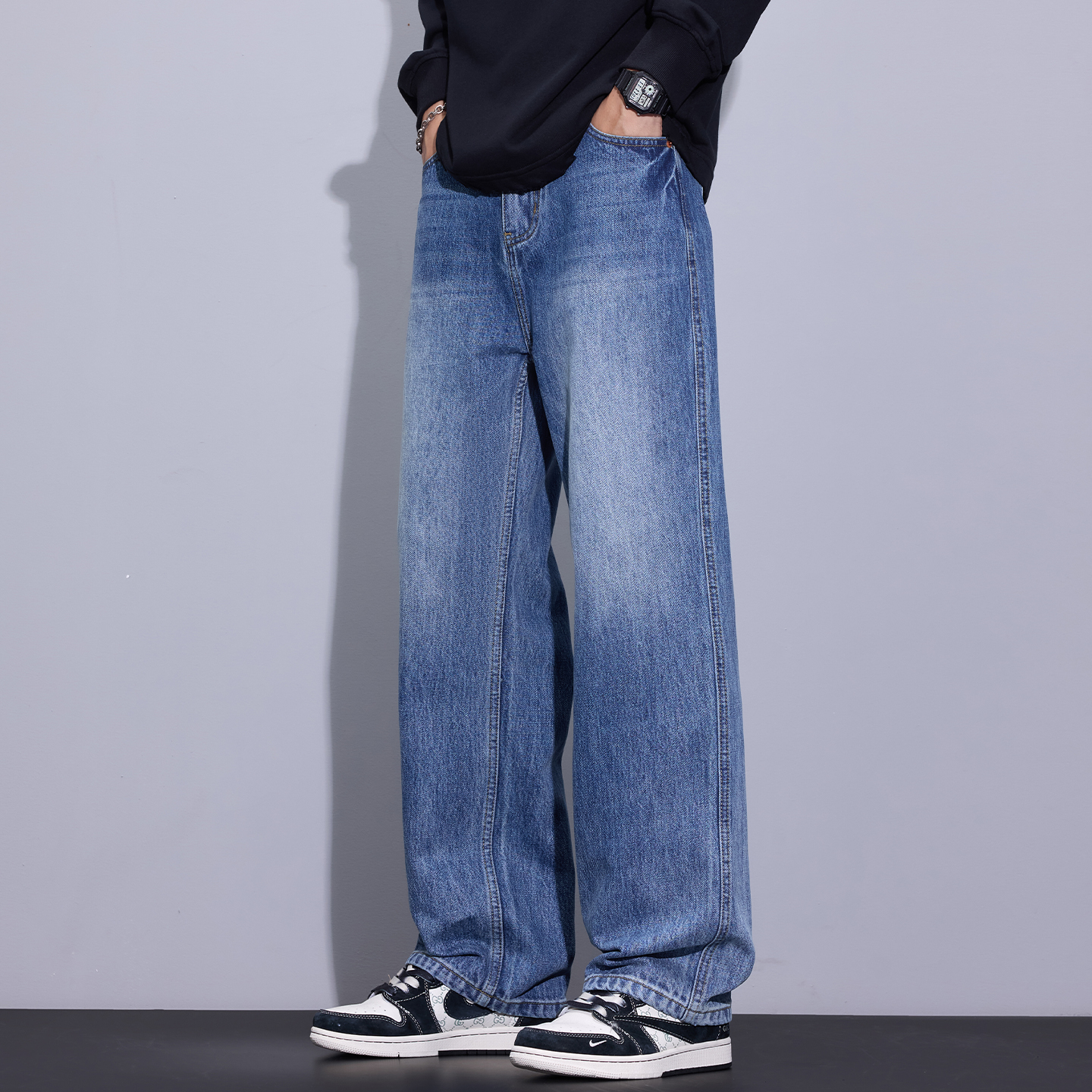 Kuvine2025年秋季新款牛仔裤男生宽松阔腿浅色休闲帅气穿搭男裤子