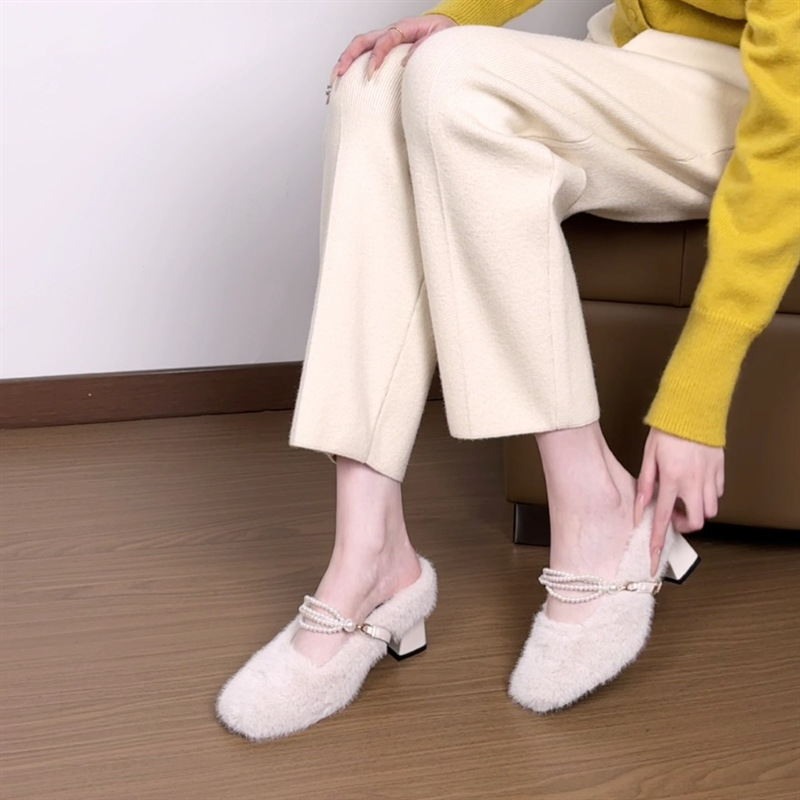 秋冬季新款韩版水貂毛珍珠链玛丽珍单鞋女平底加绒毛毛鞋