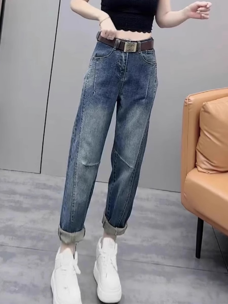 2025秋季新款大码哈伦牛仔裤女胖mm梨形身材显瘦高腰萝卜老爹裤