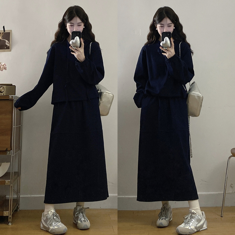 大码胖mm秋季新款学院风休假假两件撞色卫衣+半身裙两件套装女
