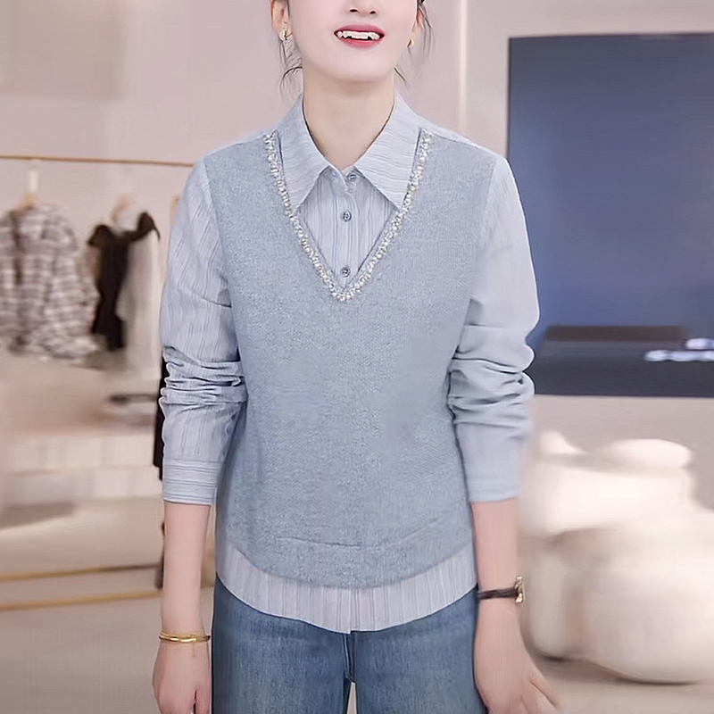 2025秋季新款女蓝色假两件衬衫条纹款洋气减龄宽松显瘦设计感上衣