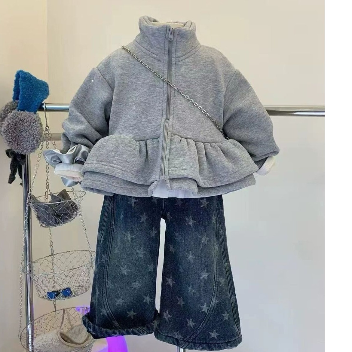 女童加绒外套秋冬2025双层花边下摆拉链衫休闲开衫miu系花苞卫衣