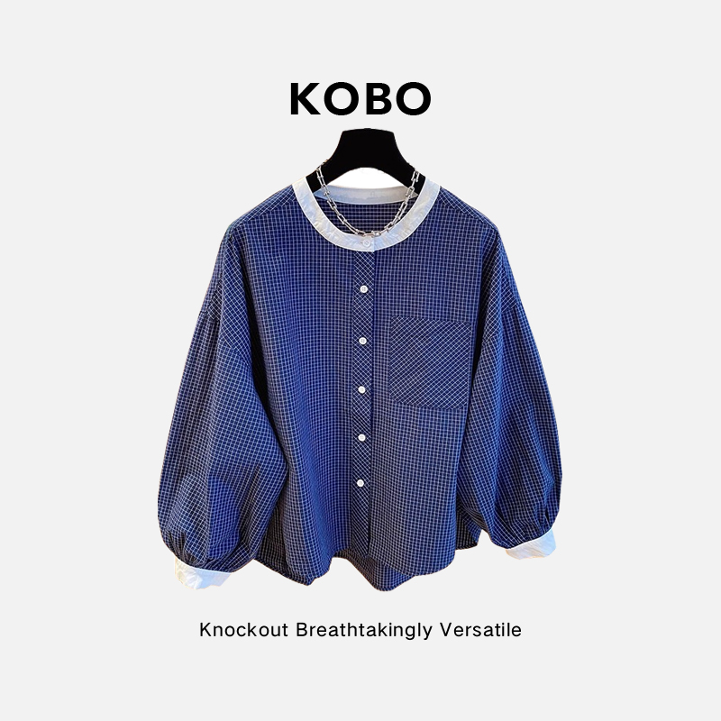 【KOBO】G7196女装韩系格纹撞色秋季新款衬衫减龄新款长袖上衣百搭