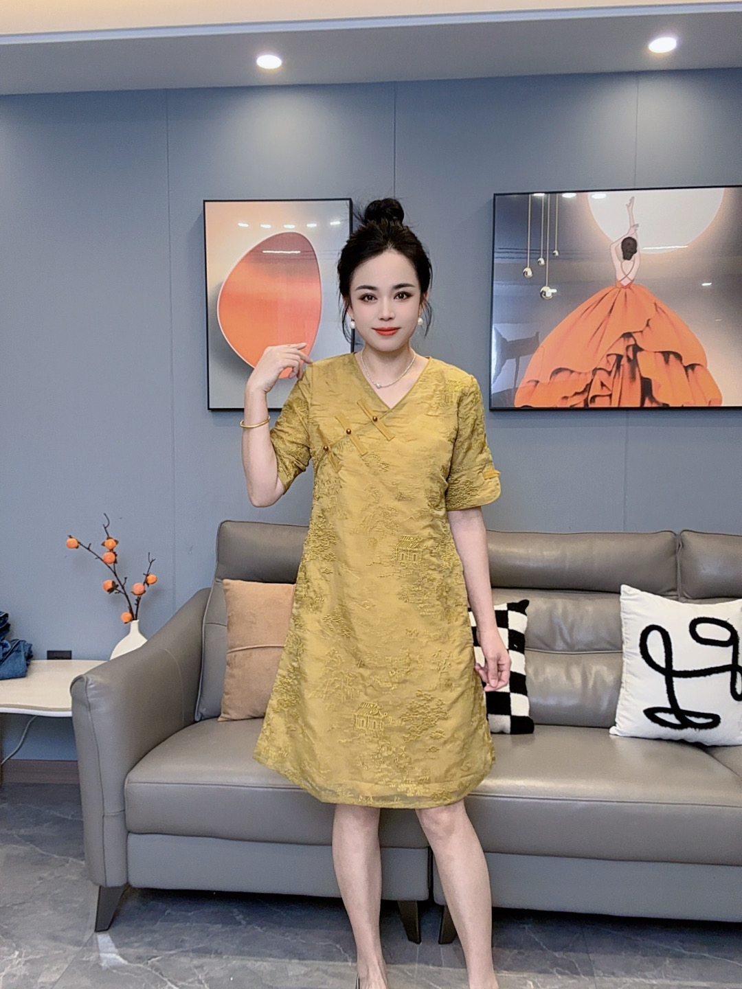 旗袍中长裙夏季刺绣显瘦斜襟一字扣裙子新中式中国风V领中长款