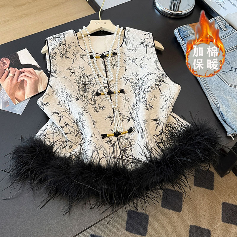 2025冬季新款时尚设计感小众休闲百搭夹棉新中式国风毛毛马夹