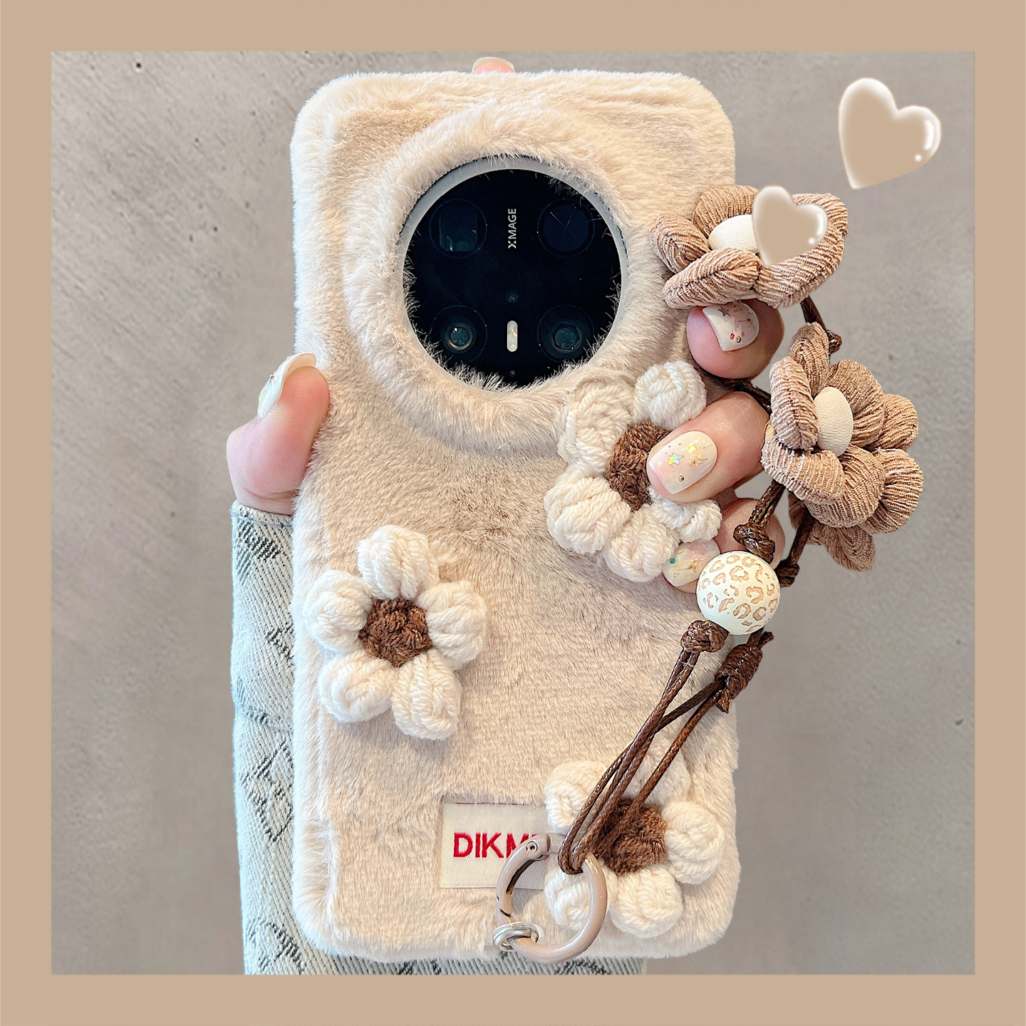 适用华为mate70pro+手机壳毛毡立体针织花朵mate60pro+布艺链条女