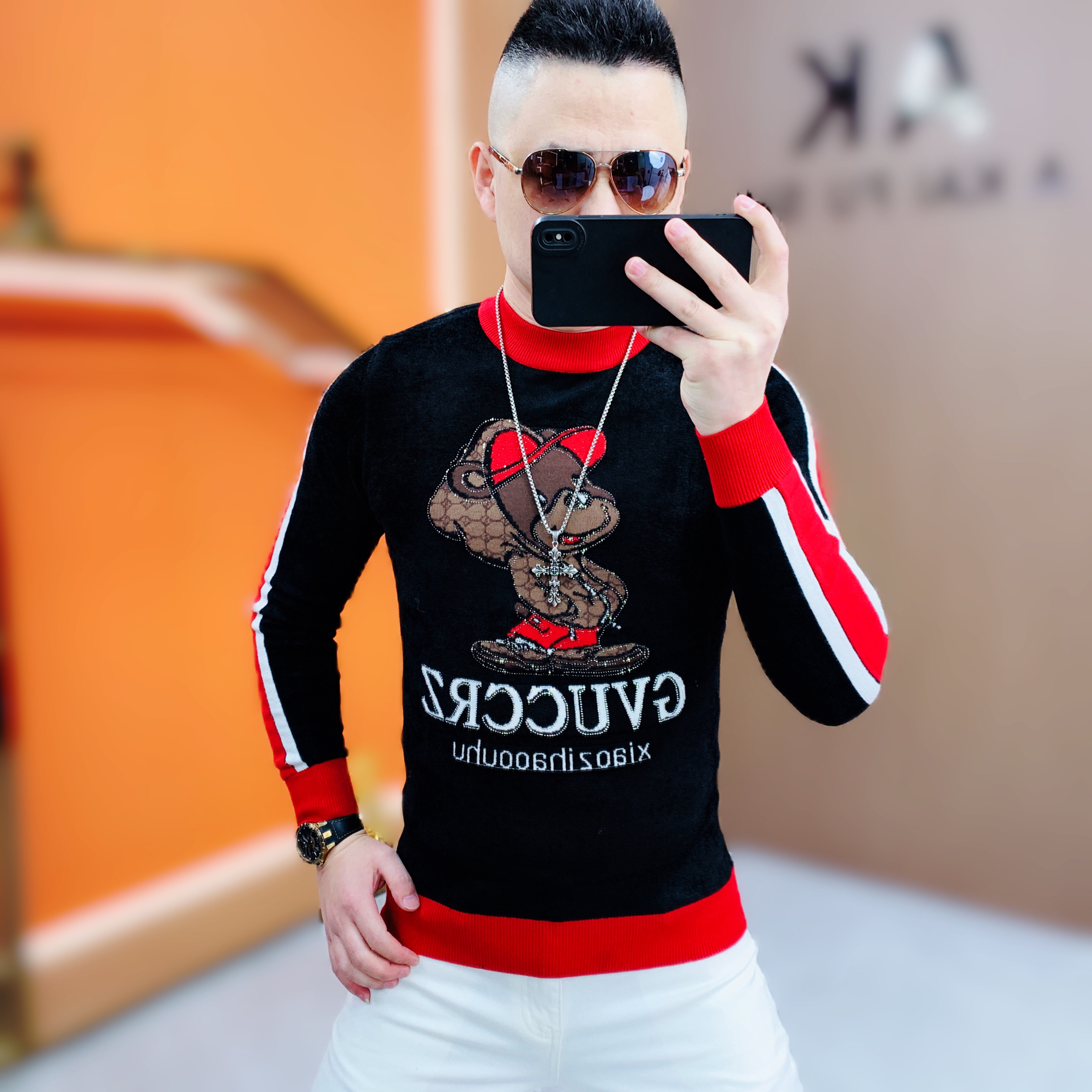 阿凯严选-欧货冬季新款男士爆款保暖针织提花摩卡绒毛衣时尚打底