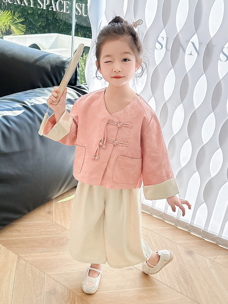 新品巴拉巴拉中国风新中式女童改良阔腿裤两件套装汉服上衣提花小