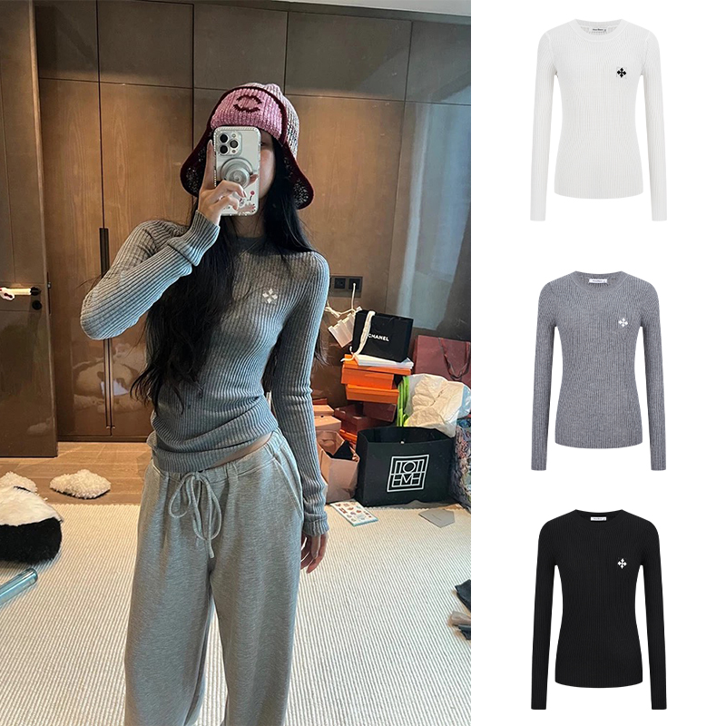 Moses Queen/魔西女王灰色粗坑条弹力针织打底衫十字提花内搭上衣