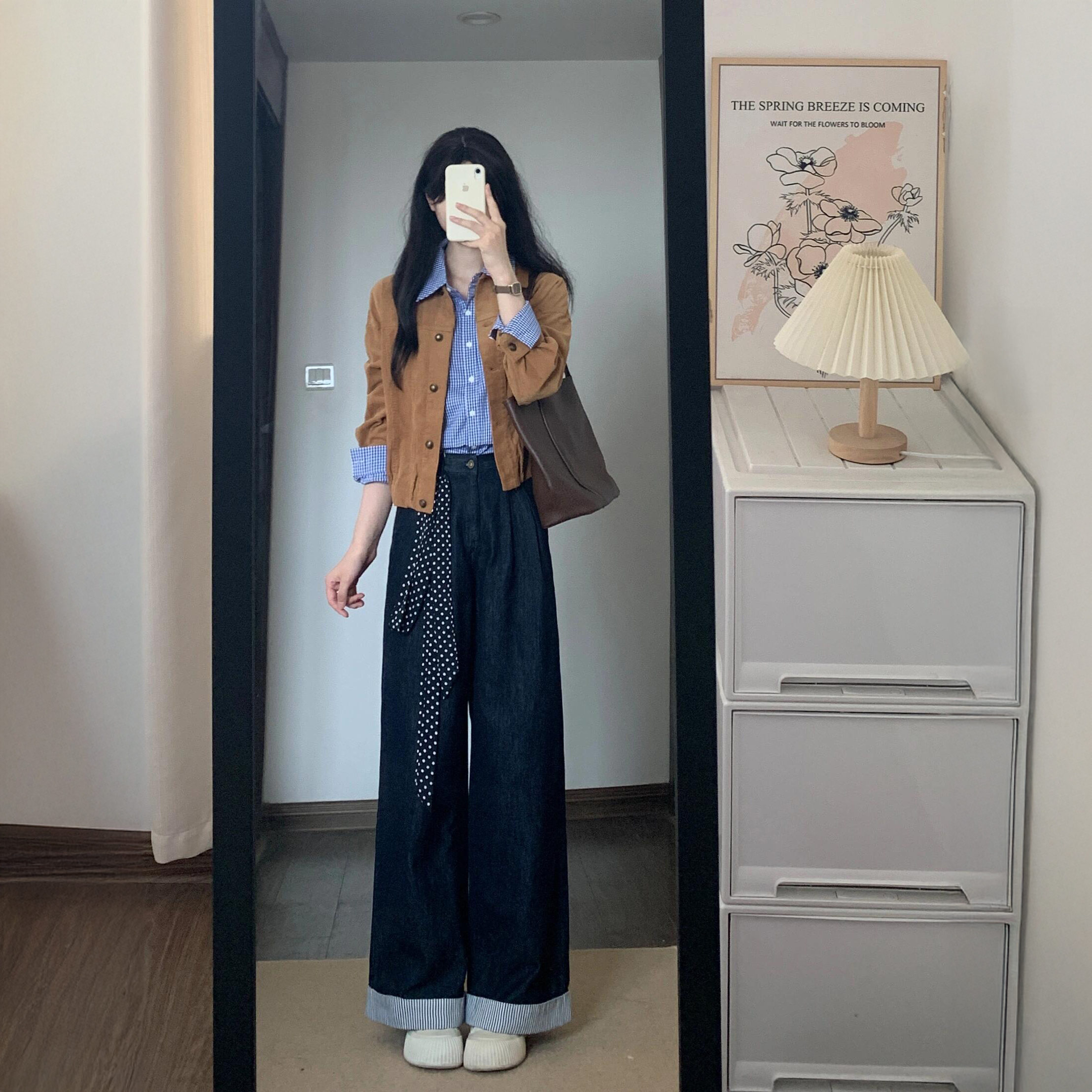 秋装搭配一整套复古灯芯绒夹克外套叠穿格子衬衫牛仔阔腿裤三件套