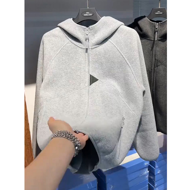 浅花灰色摇粒绒外套男女款半高领连帽开衫卫衣美式复古情侣装夹克