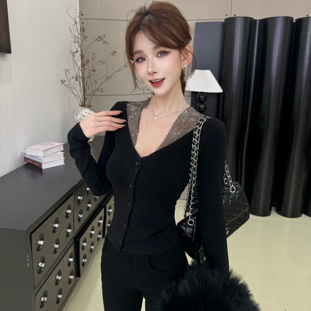 【碎钻星河】小众款！重工烫钻网纱拼接气质磨毛加绒上衣