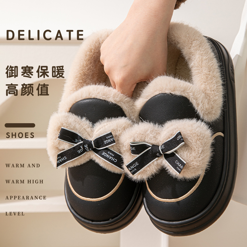 2025新款包跟棉鞋女士防水PU皮棉鞋蝴蝶结可爱毛毛EVA防滑棉鞋