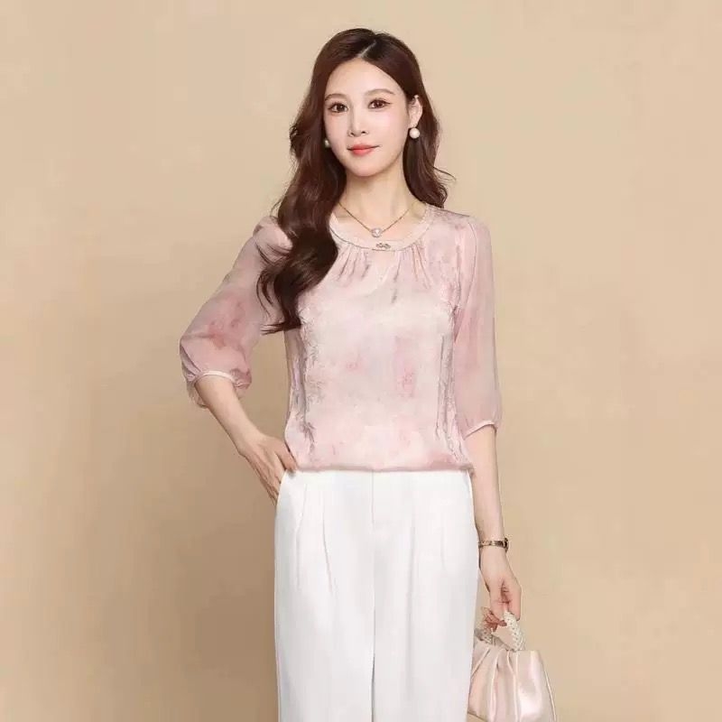 梦燕春夏女中袖洋气上衣圆领气质时尚套头宽松印花衬衫AA03B4075D