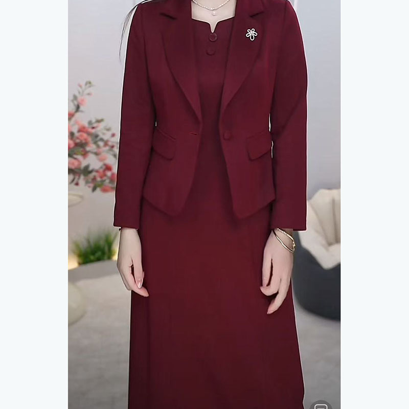 喜婆婆2025春季中老年女装修身酒红色连衣裙二件套时尚女神范长袖
