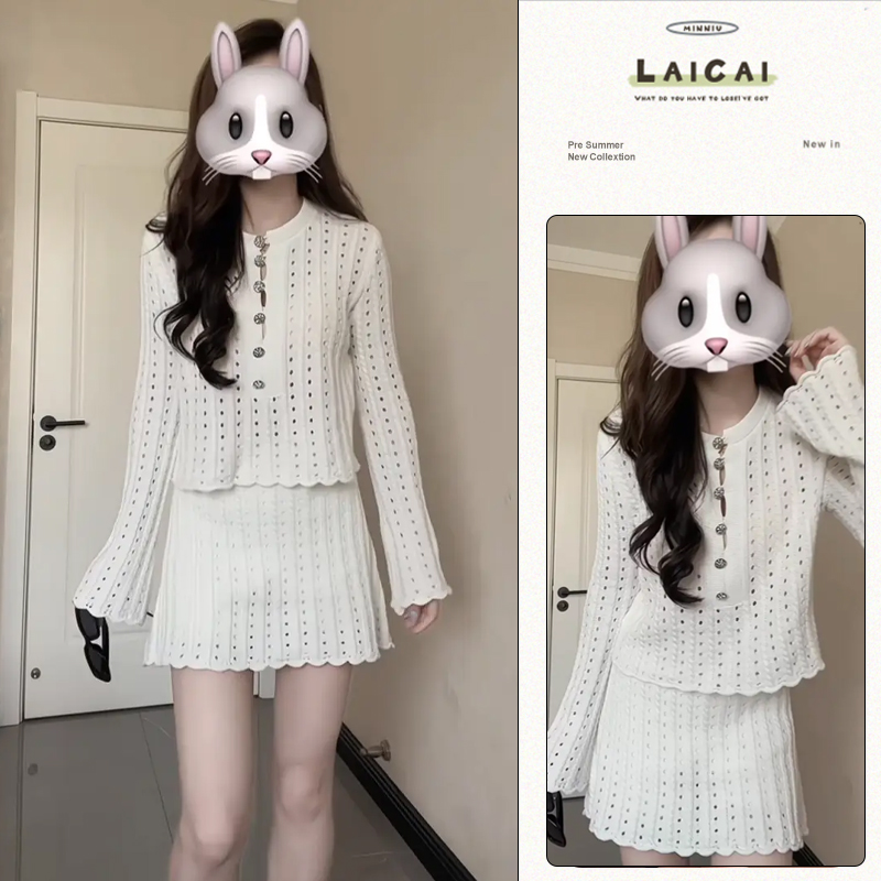 财阀千金夏季短圆领镂空长袖上衣独特洋气显瘦百搭气质A字短裙女