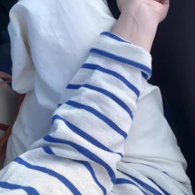 韩系蓝色条纹长袖t恤女夏季新款薄款空调衫小个子防晒罩衫上衣