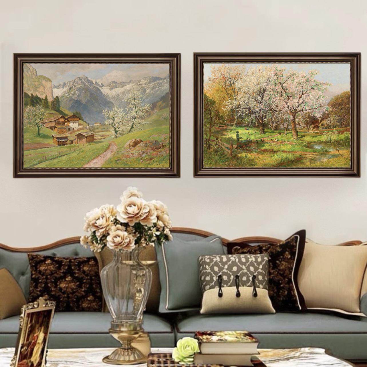 《春日山谷图》美式餐厅装饰画手工肌理客厅挂画高级感风景欧式