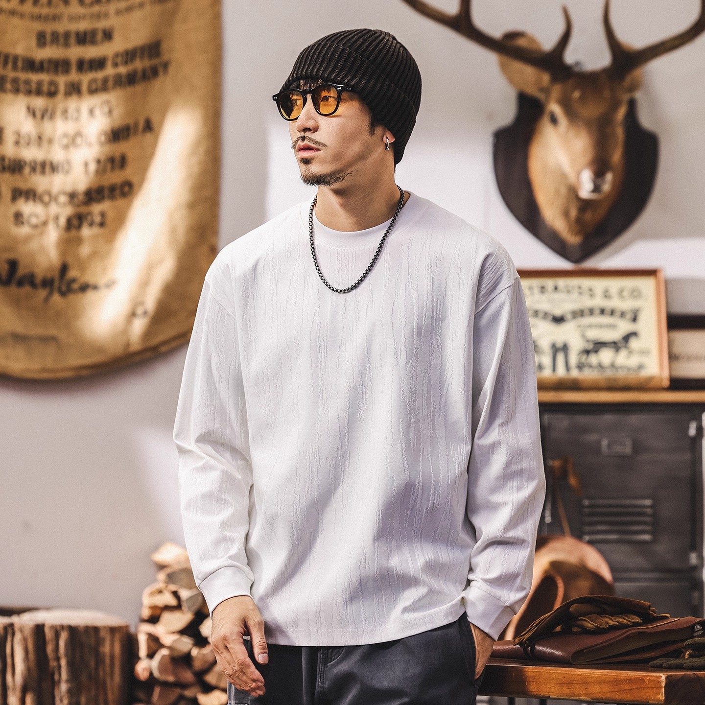 美式复古260g重磅t恤男长袖秋季新款树纹肌理感宽松休闲男士上衣