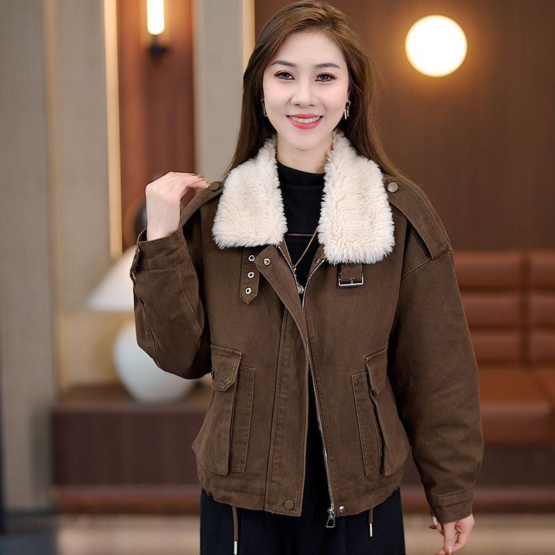 拉夏贝尔显瘦百搭牛仔冬季外套女加绒加厚超厚工装派克服复古时尚