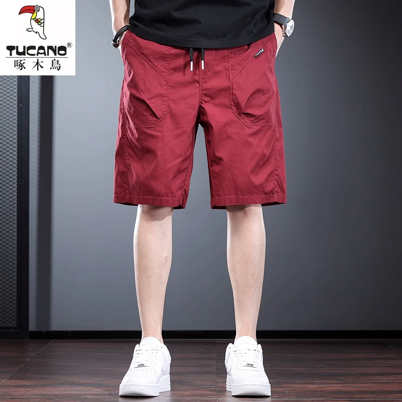 酒红色短裤男夏季新款潮牌宽松直筒中裤高级感欧美工装休闲五分裤
