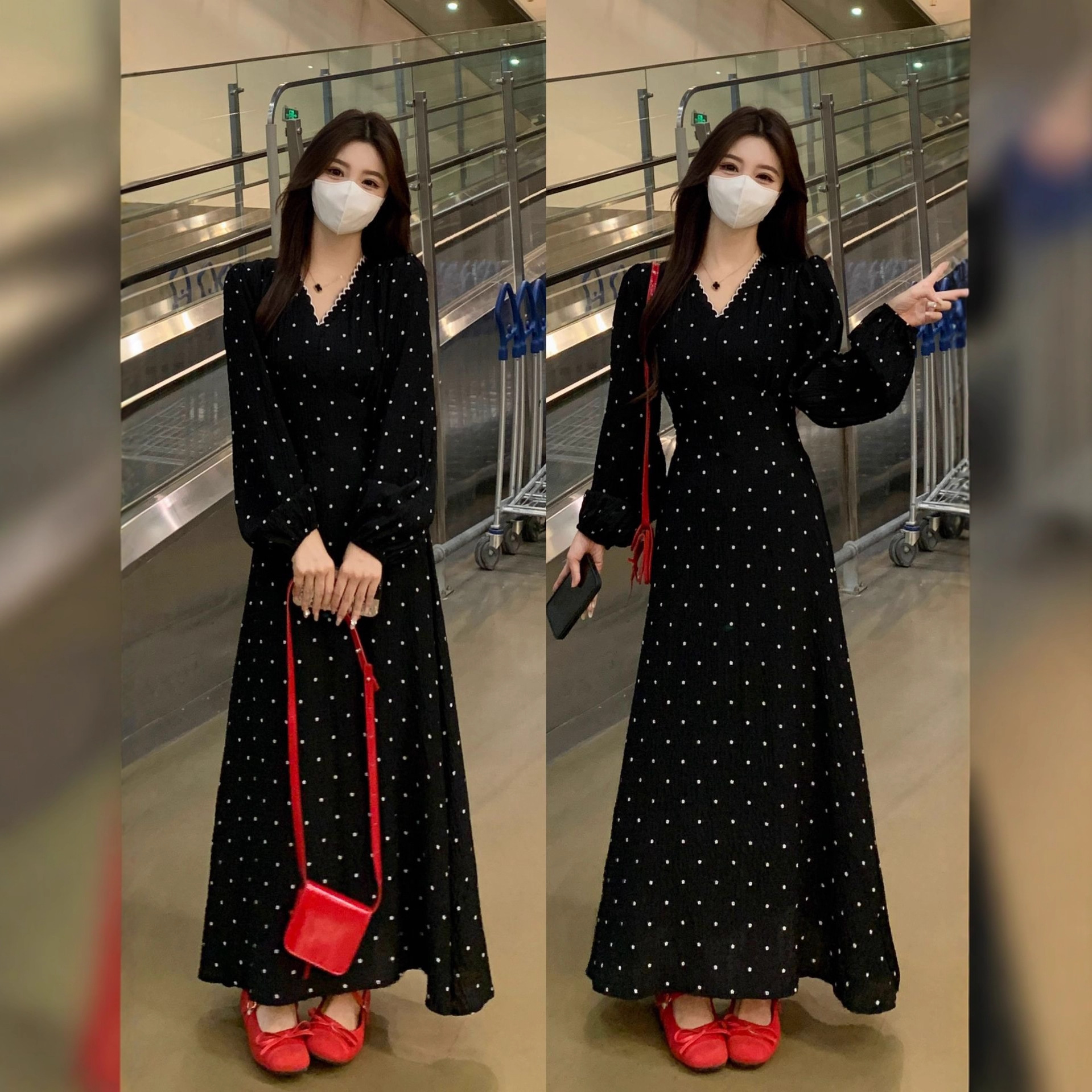 法式复古长袖连衣裙秋季优雅赫本风气质大码女装显瘦收腰星点长裙
