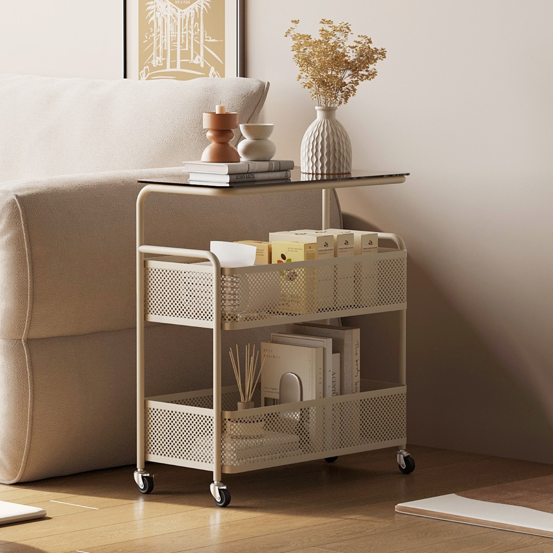 可移动边几客厅沙发侧边铁艺小茶几奶油风小户型玻璃小推车置物架