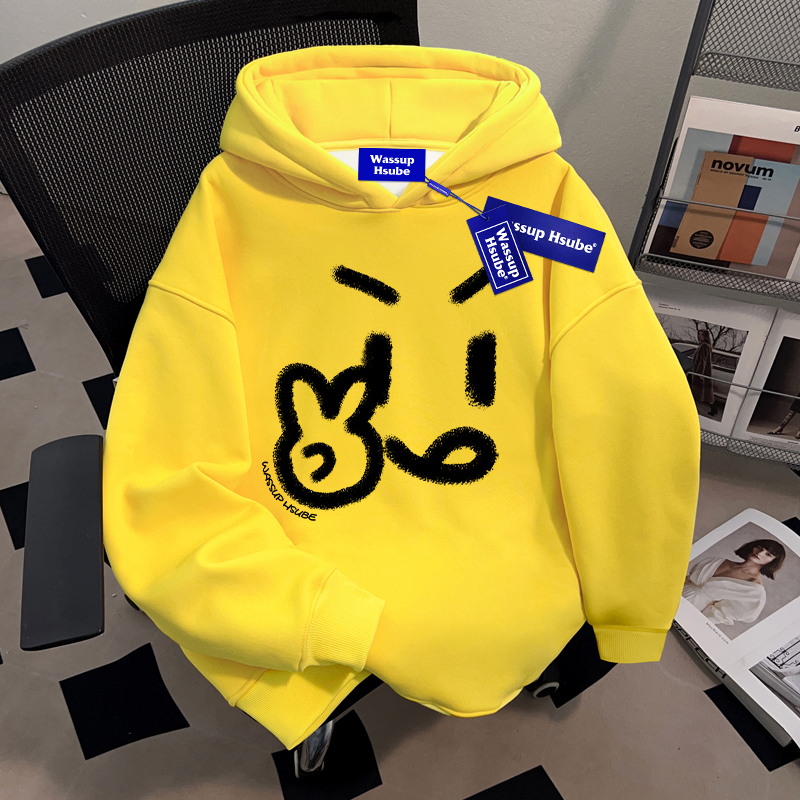 WASSUP HSUBE设计感趣味印花连帽卫衣男女情侣chic宽松慵懒上衣潮