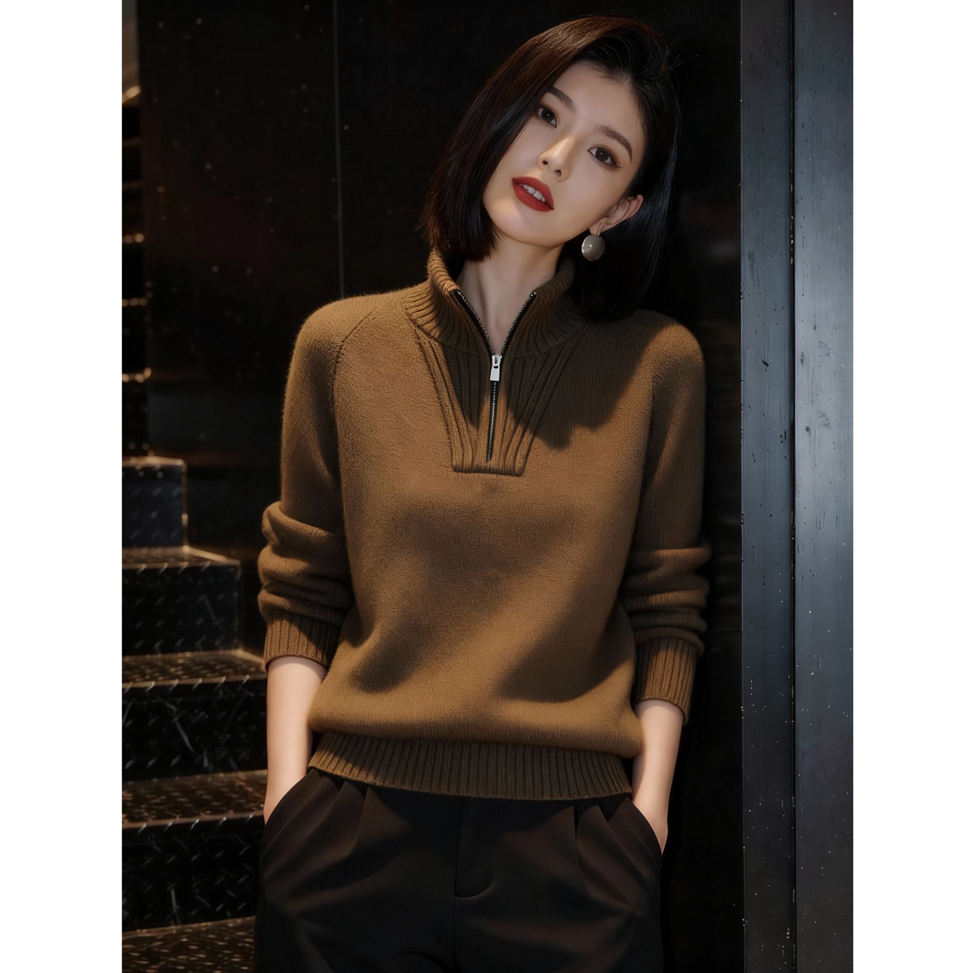 2025冬季新款时尚半拉链翻领纯色针织衫毛衣通勤风显瘦长袖上衣潮