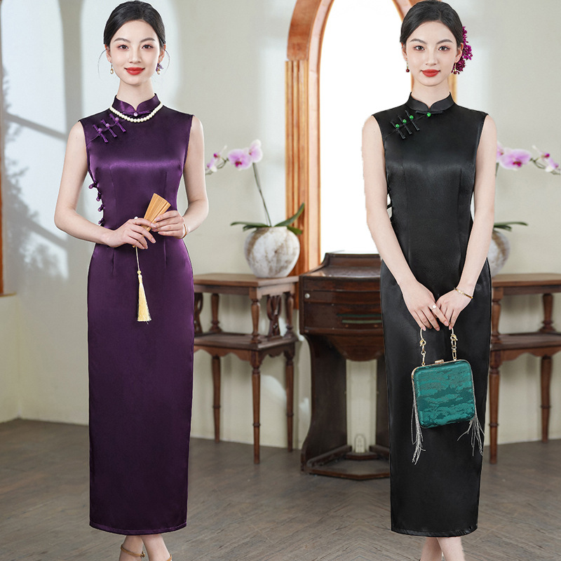 墨玉-长款仿醋酸婚宴显瘦修身黑色纯黑紫色黑色新中式婚宴旗袍