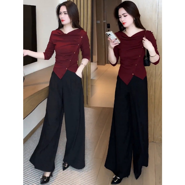 拉夏贝尔时尚套装女2025春秋新款洋气显瘦不规则T恤阔腿裤两件套