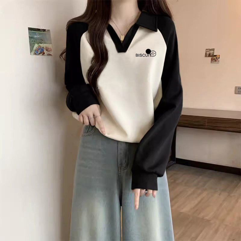 polo领短款卫衣女薄款2025秋冬新款时尚洋气插肩袖加绒上衣ins潮