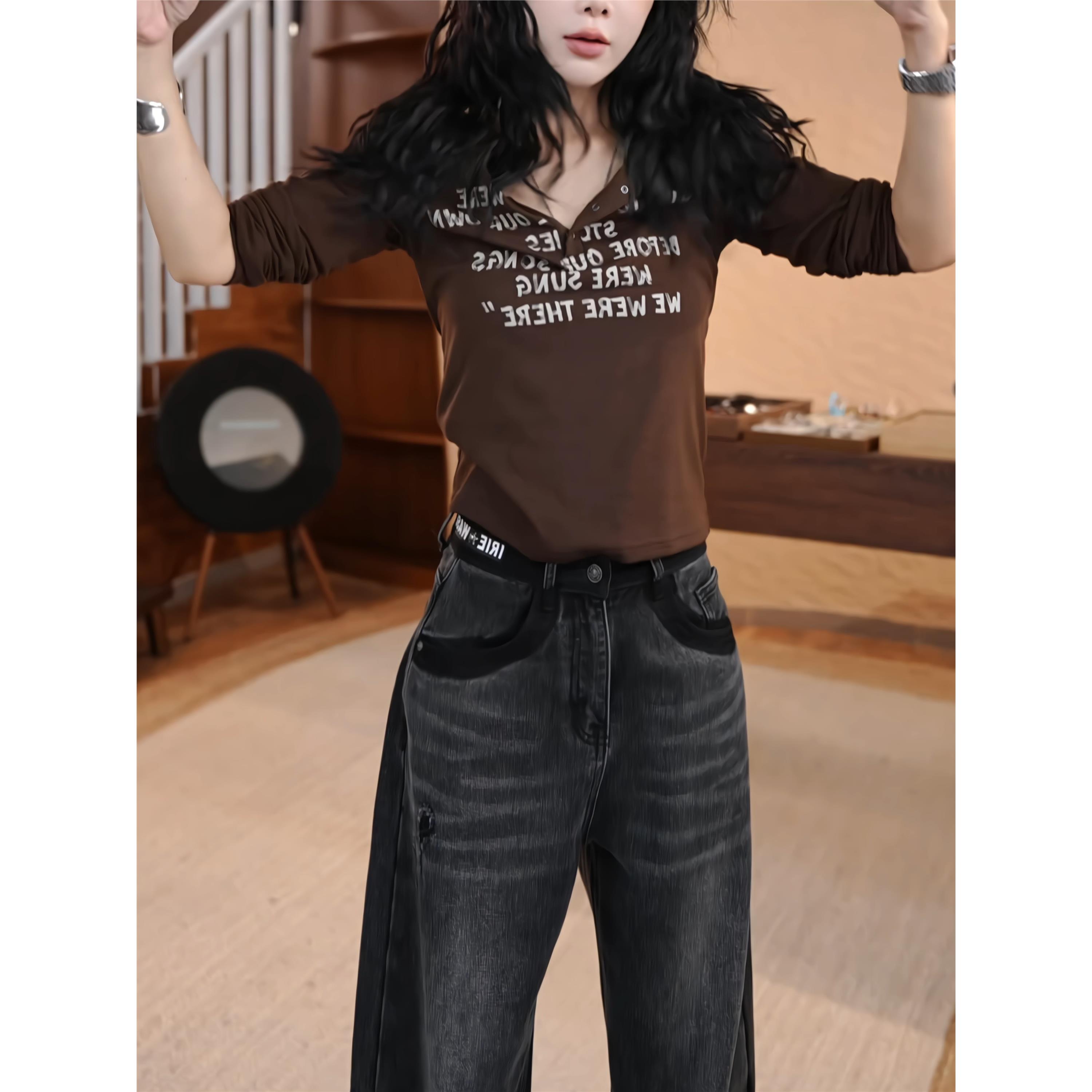 早秋字母印花半开领长袖T恤女2025新款秋季修身内搭打底衫上衣潮