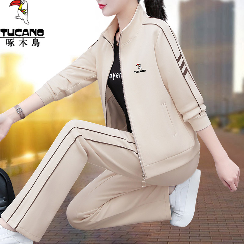 啄木鸟妈妈秋装运动服套装女2025新款时尚洋气春秋卫衣外套三件套
