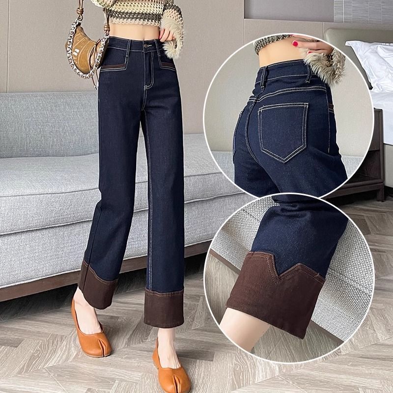 2025春秋新款丹宁蓝直筒弹力牛仔裤女小个子九分高腰显瘦卷边烟管