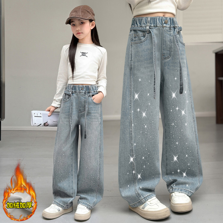 女童加绒牛仔裤冬季新款儿童洋气加厚重工烫钻中大童女孩时尚裤子