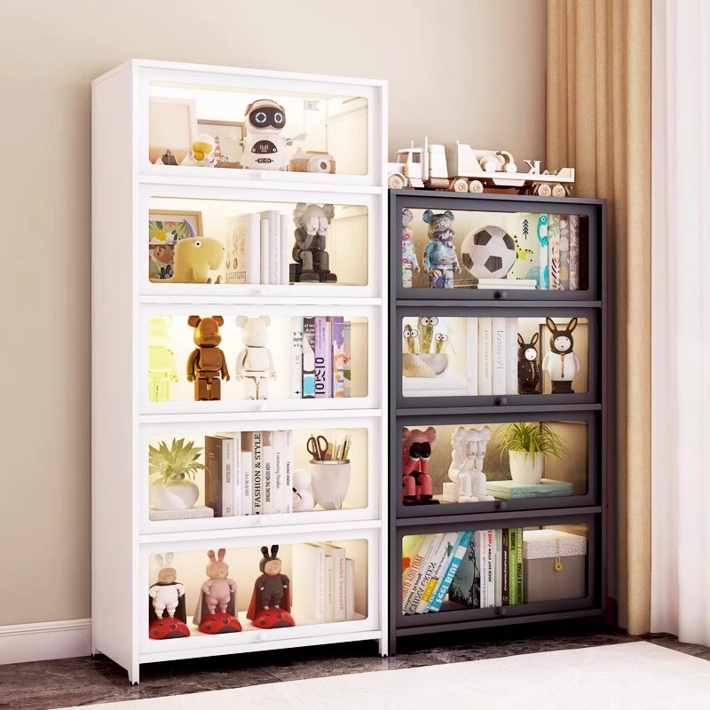 家用钢制玻璃书柜多层儿童防尘储物柜翻盖展示柜落地式多层置物架