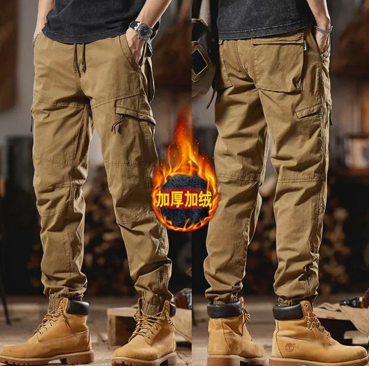 [冬季厚款]男女同款美式复古休闲时尚束脚拉链口袋显瘦百搭工装裤