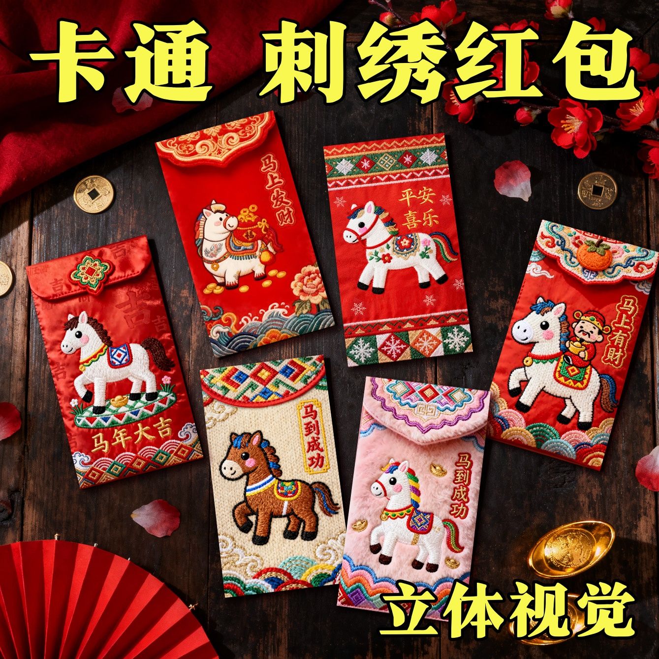 【新品爆款】2026马年仿平面刺绣卡通福马红包春节创意压岁拜年利M