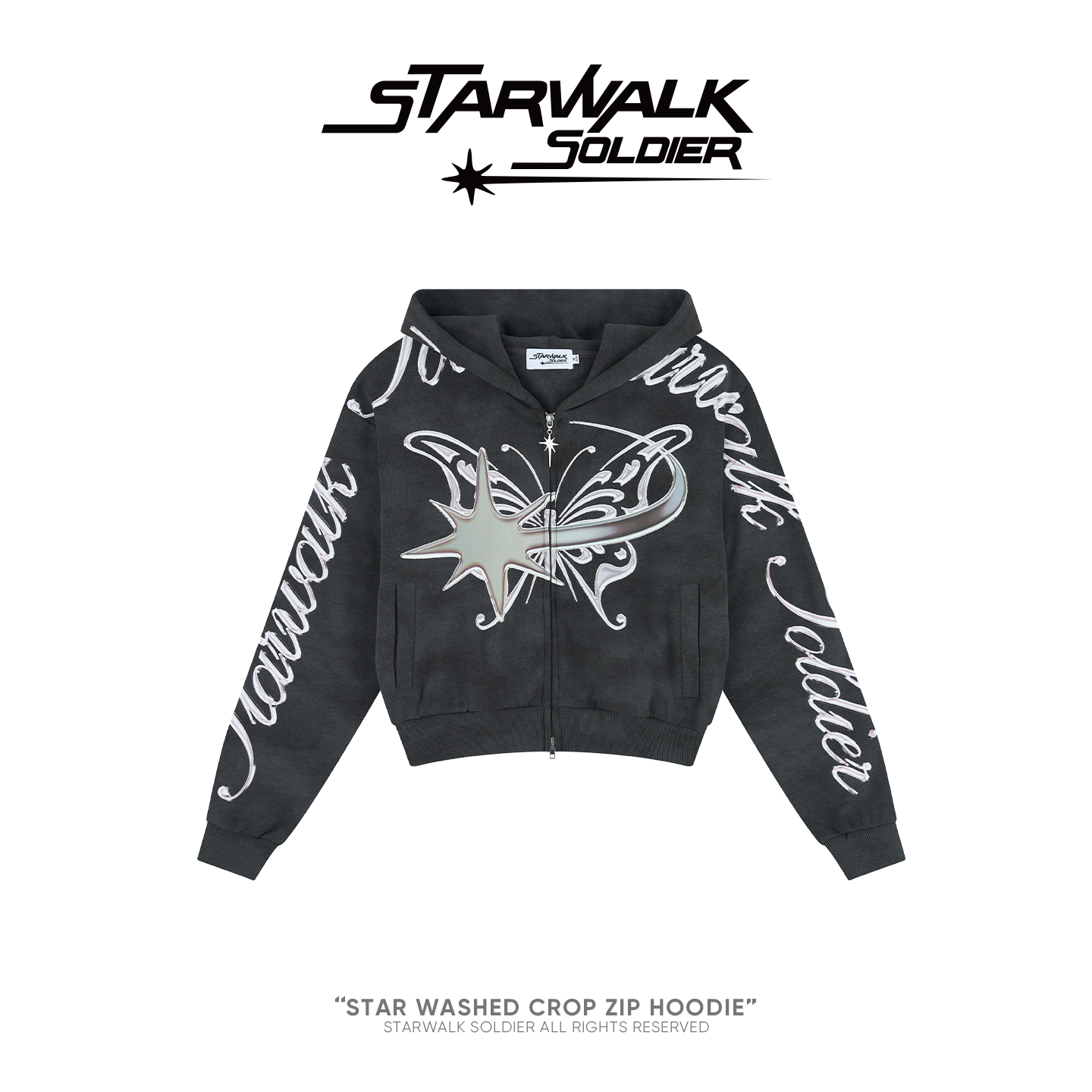 Star Walk Soldier流星洗水拉链短卫衣流星蝴蝶印花原创重工外套