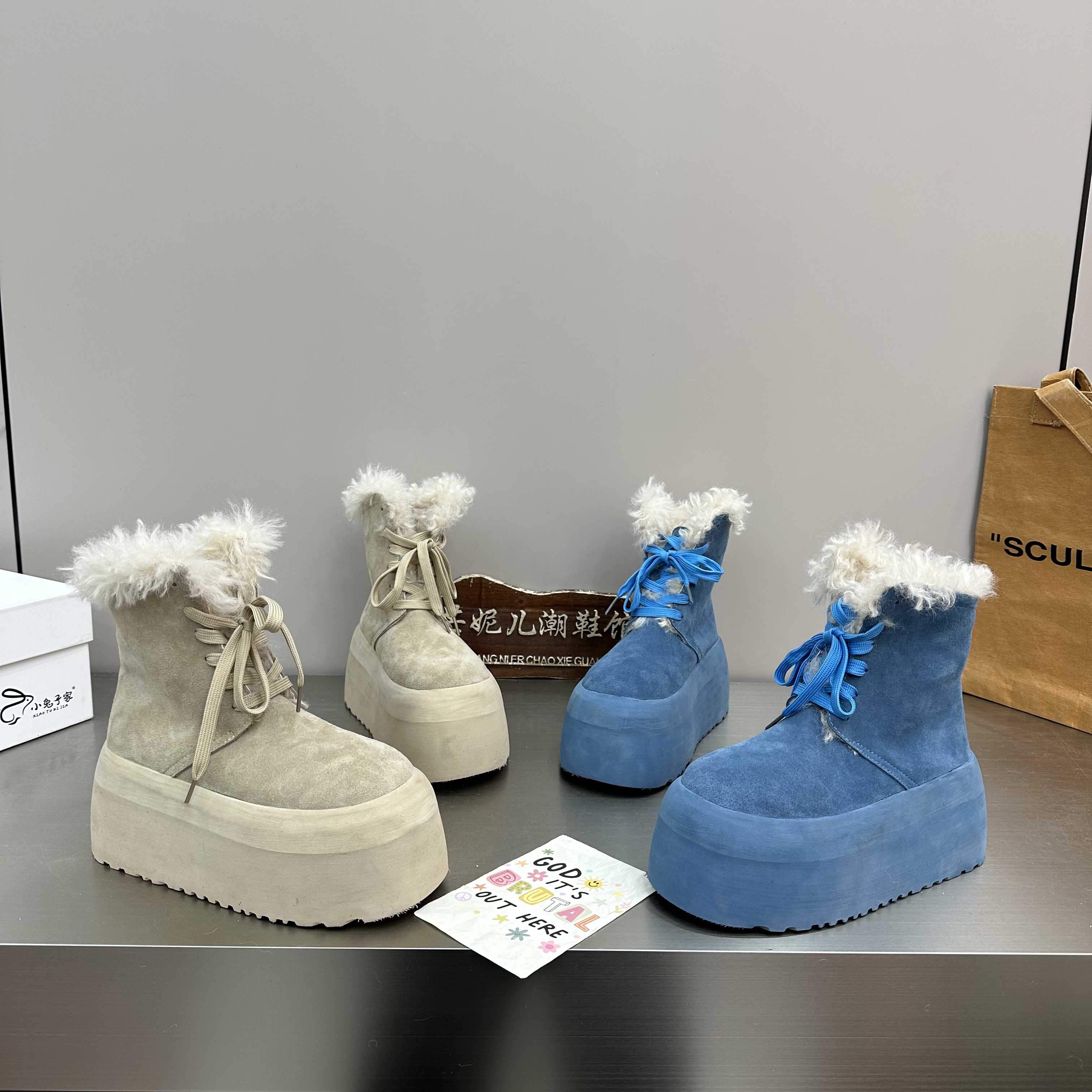 MANGNIER/冬季厚底加绒保暖增高雪地靴女鞋圆头时尚百搭系带短靴